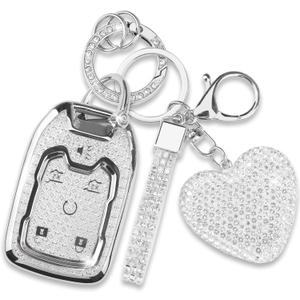 Fit for Chevy GMC Yukon/Yukon XL Key Fob Cover with Diamond Keychain, Compatible with Chevy Chevrolet Terrain Acadia Sierra Suburban Tahoe Smart Key Protector for Women (6 Buttons-Silver)