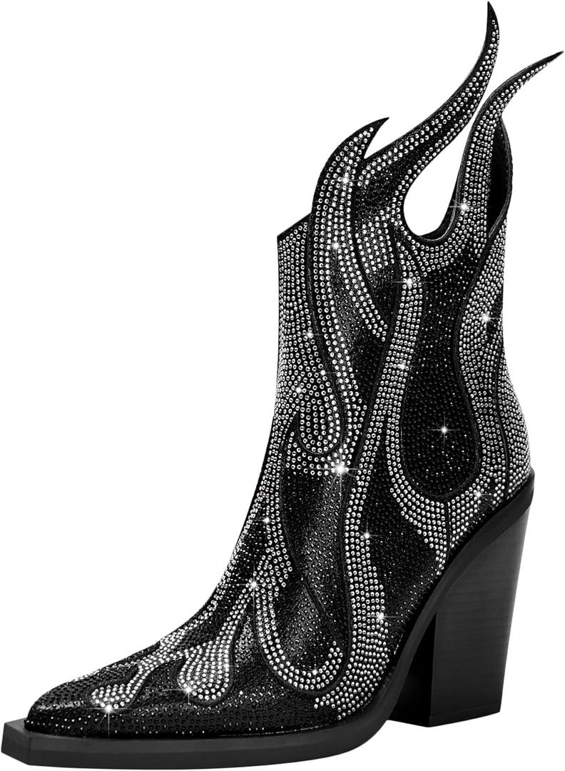 Feinlina Women's Rhinestone Flame Pointed Toe Block Chunky Heeled Boots Fashion Sparkly Cowboy Ankle Booties (6, Black)