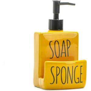Ceramic soap Dispenser with Sponge Holder for Kitchen Sink Bathroom Counter top Storage and Organization (Yellow)