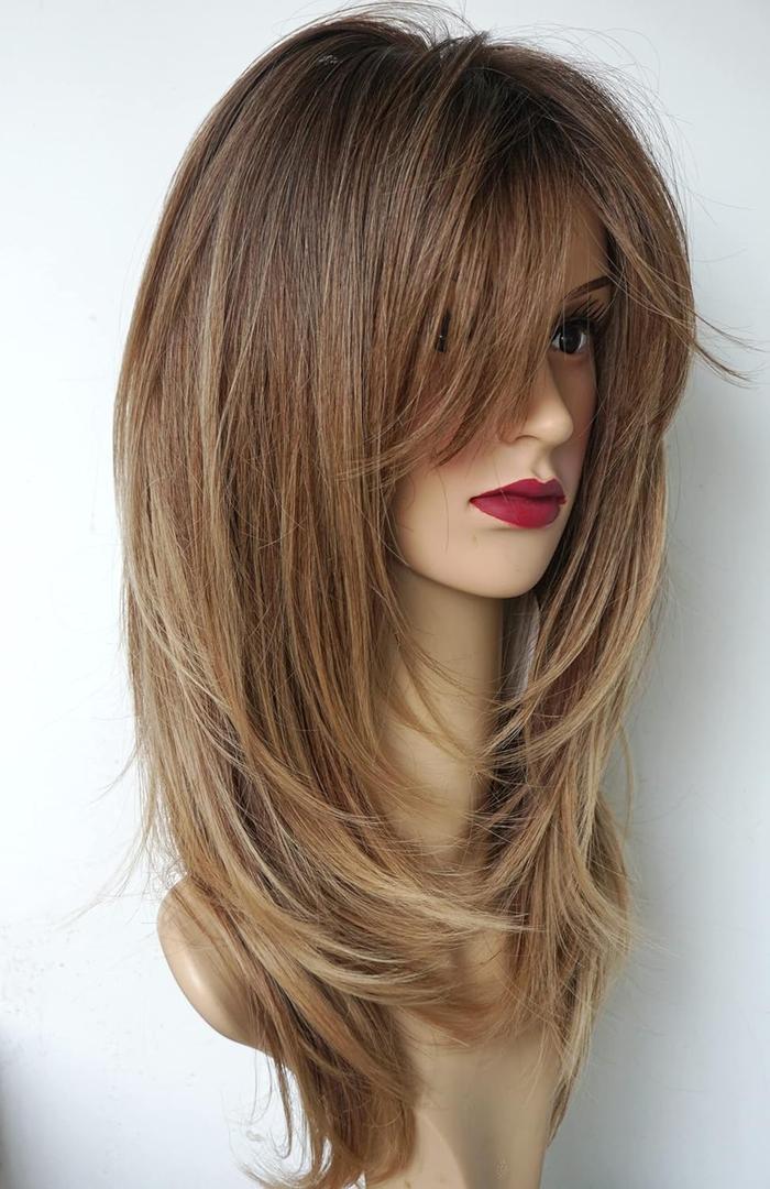 Long Layered Ombre Brown wig Synthetic Hair Fiber Highlight Multicolor brunettes Wigs for White Women (Ombre Brown)