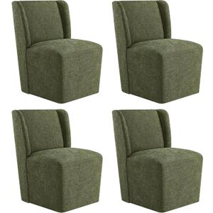 Upholstered Dining Chairs Set of 4 with Casters, Wingback Modern Side Armless Deskchair with Rollers for Diningroom Bedroom Livingroom Reading Room, Green Fabric