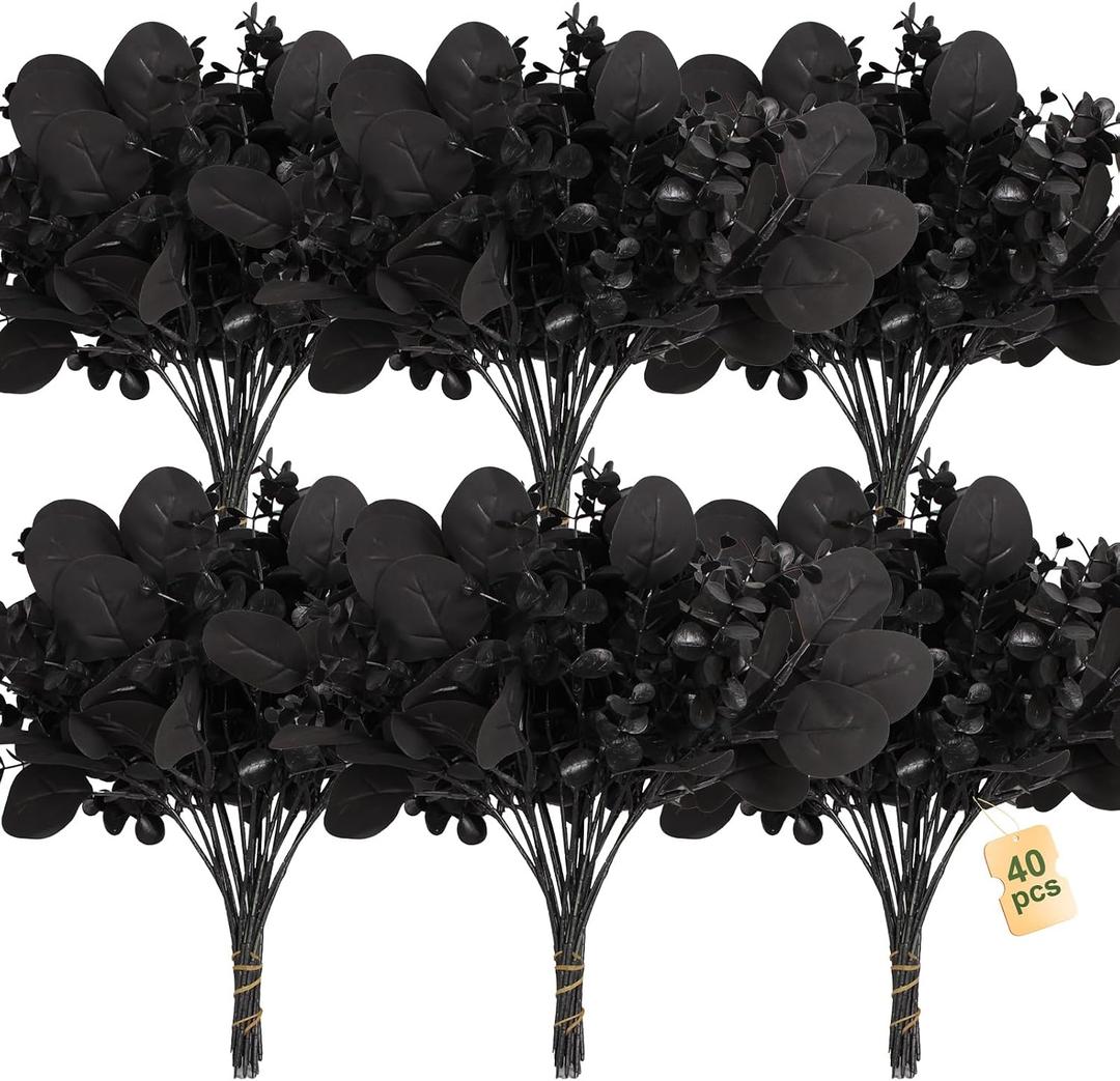 ZeKonan 40 Pcs Artificial Black Eucalyptus Stems, Fake Eucalyptus Leaves Branches Bouquet for Flower Arrangement DIY, Black Silk Flowers for Home Halloween Farmhouse Decor