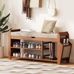 39.4" Bamboo Shoe Rack Bench, 3-Tier Entryway Bench with Thick Cushion, Flip-Top & Side Storage, Holds Up to 550 LBS for Hallway, Living Room, Bedroom