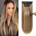 REECHO 20" Straight Long 4 PCS Set Thick Clip in on Hair Extensions Light Brown with Highlights