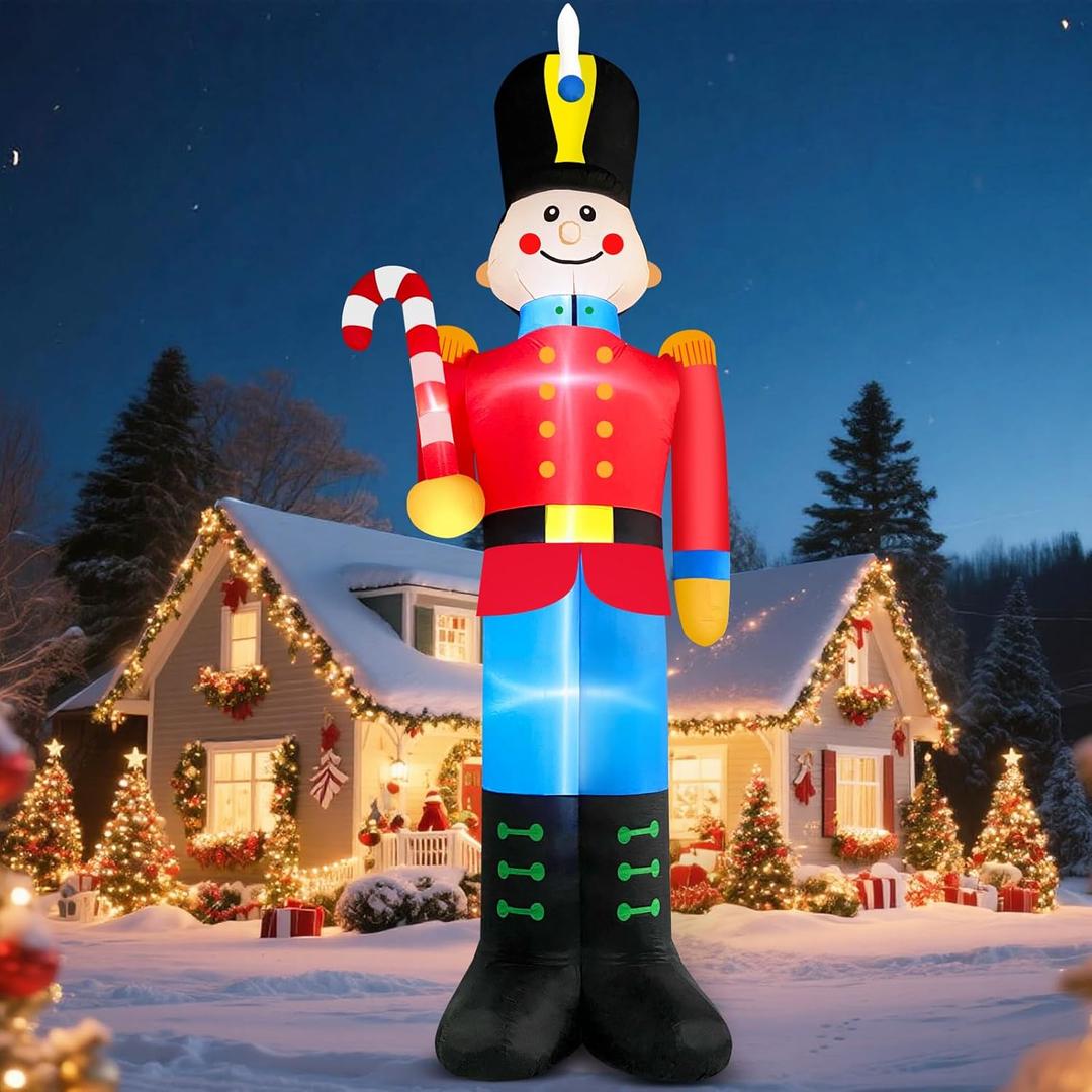 12 FT Tall Nutcracker Inflatable Christmas Decorations Outdoor Candy Cane, Built-in LED Lights Large Funny Soldier Xmas Blow Up Yard Decoration for Winter Holiday Party Indoor Outside Lawn Garden
