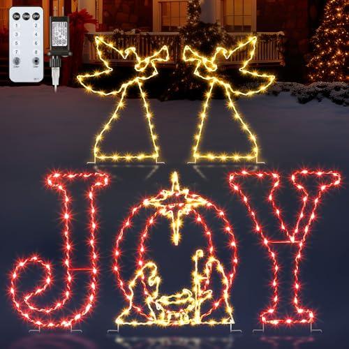 5 Pcs 51'' Christmas Joy Nativity Angel Lights Decorations for Yard, Religious Scenes Window Silhouette with 8 Modes and Timer, Remote Control Xmas Garden Decor with Stake for Home Lawn Pathway(Red)