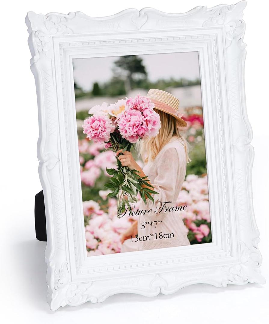 PHAREGE 5x7 White Vintage Picture Frame, 5 by 7 Ornate Antique Picture Frame for Wedding, Retro Photo Frame Displays Horizontally or Vertically On Tabletop