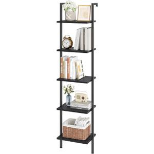 ELYKEN Ladder Shelf, 5-Tier Wood Wall Mounted Bookshelf with Metal Frame, Vintage Open Display Organizer Rack, Leaning Storage Shelves for Living Room, Bedroom, Home Office, Black