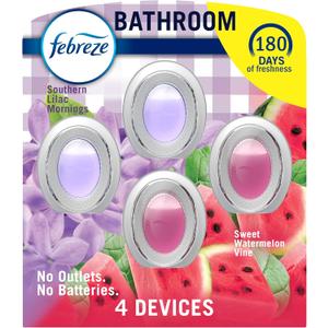 Febreze Bathroom Air Freshener, Odor-Fighting, Plug In Alternative, Air Fresheners for Home and Bathroom and Kitchen, Closet Air Fresheners, Watermelon & Lilac Scent, 4 Count (0.25 Ounce (Pack of 4))