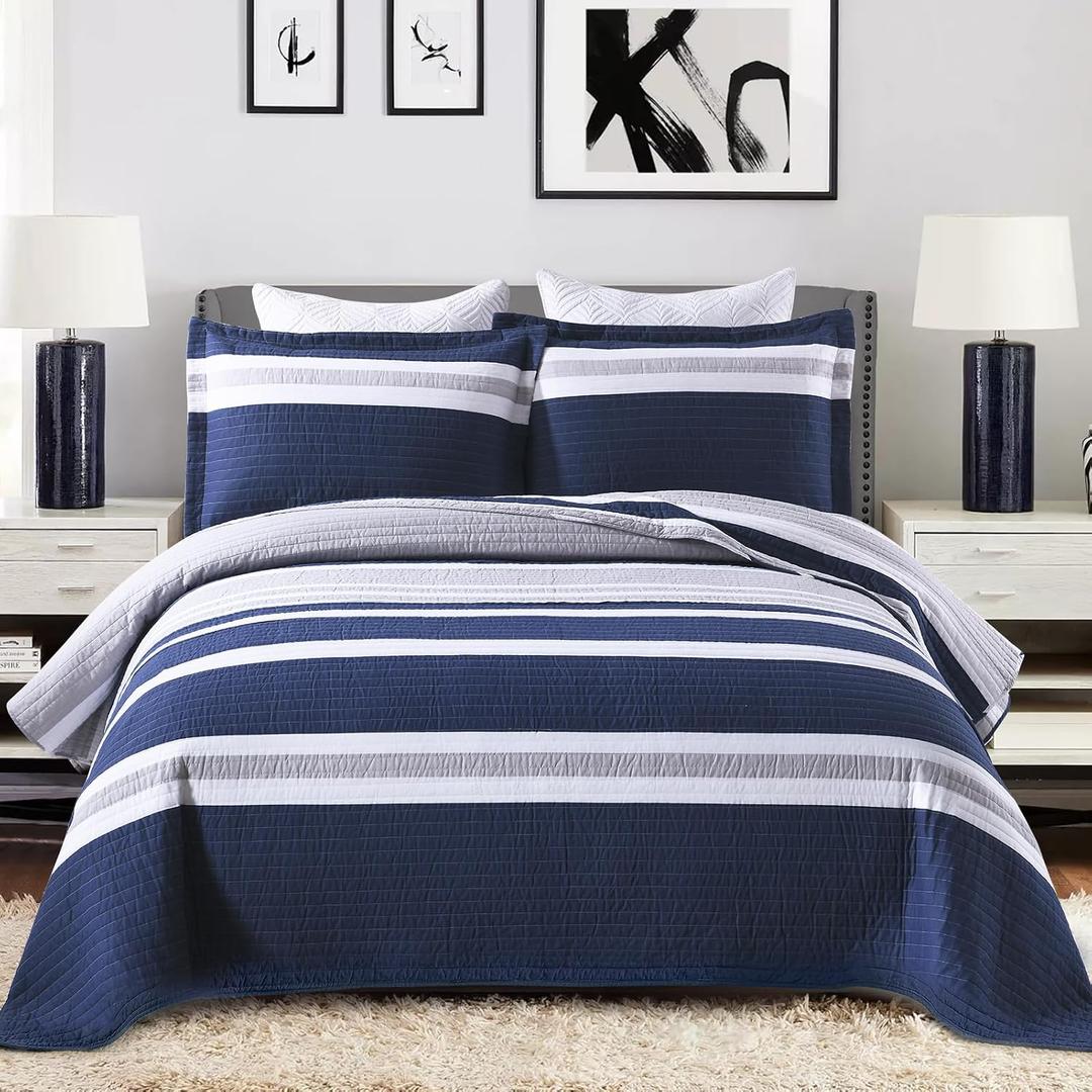 PERHOM Quilts Queen Size Navy Blue Striped Queen Quilt, 100% Cotton Queen Quilts with 2 Shams, Lightweight Soft Bedspreads/Coverlet/Bedding Set for All Season, 3 Pieces