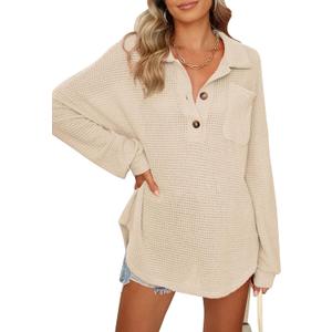Women Waffle Knit Tops Henley Shirts Long Sleeve V Neck Solid Color Casual Tunic (Large, Apricot)