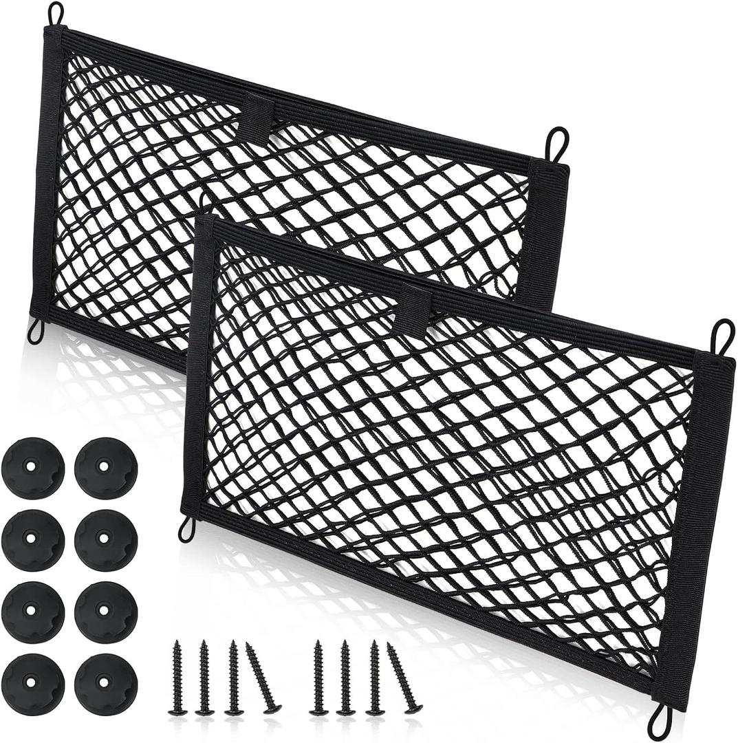Universal Mesh Cargo Net for Car Trunk Storage,2 Pack Elastic Small Cargo Net Pocket Organizer Pouch Bag,Stretchable Automotive Cargo Nets with 8 Pieces Mounting Screws and Hooks for RV,SUV,Boats,Home (17.7 x 9.8 inch)