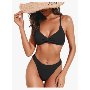 ZAFUL Women's String Criss Cross Bikini Sets 2025 Texture Two Piece Swimsuit Knot Front Bathing Suit Black M