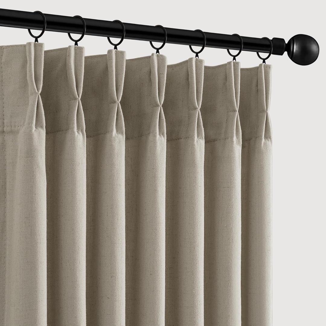 Memory Trained Pinch Pleated Curtains 90 Inches Long, Viral Linen Pinch Pleat Sheer Curtains with Ring Hooks&Clips for Track System Living Room, Oatmeal Light Filtering Privacy Curtain 2 Panel Set
