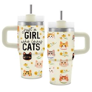 Cat Lover Gifts for Girls Women, 14 Oz Cute Cats Tumbler With Handle for Kids, Insulated Stainless Steel Cat Mug Cup, Just A Girl Who Lovers Cats