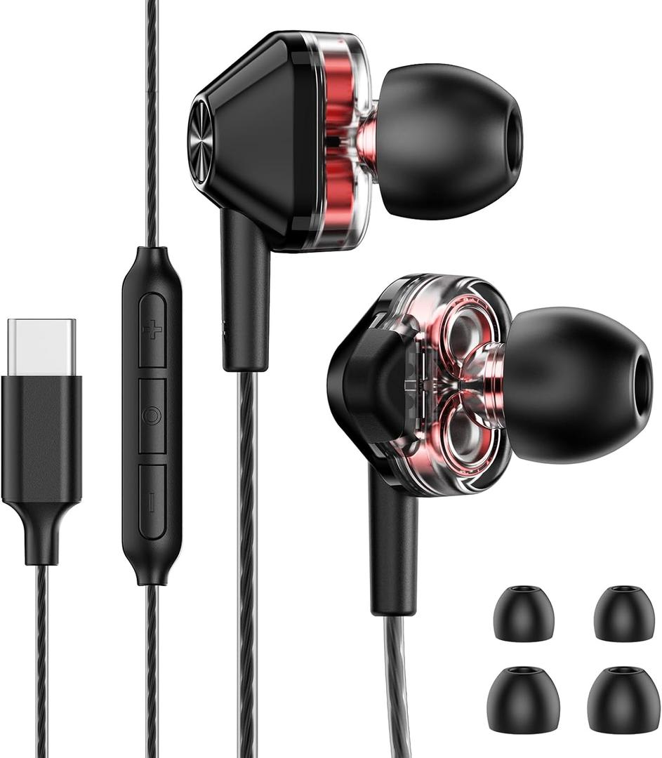 USB-C Wired in-Ear Earbuds, Dual Driver Hi-Fi Headphones with Mic, Noise Isolating Fit, Deep Bass, 5 ft Long Tangle-Free Cable, for iPhone 17 16 15/Android/Samsung Phone, Laptop, Black