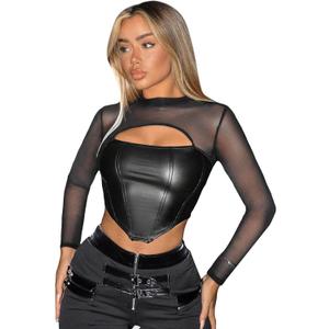 MakeMeChic Women's Faux Leather Crop Tops Y2K Cut Out Mesh Sheer Long Sleeve Mock Neck Tee Shirts (Medium, Black)