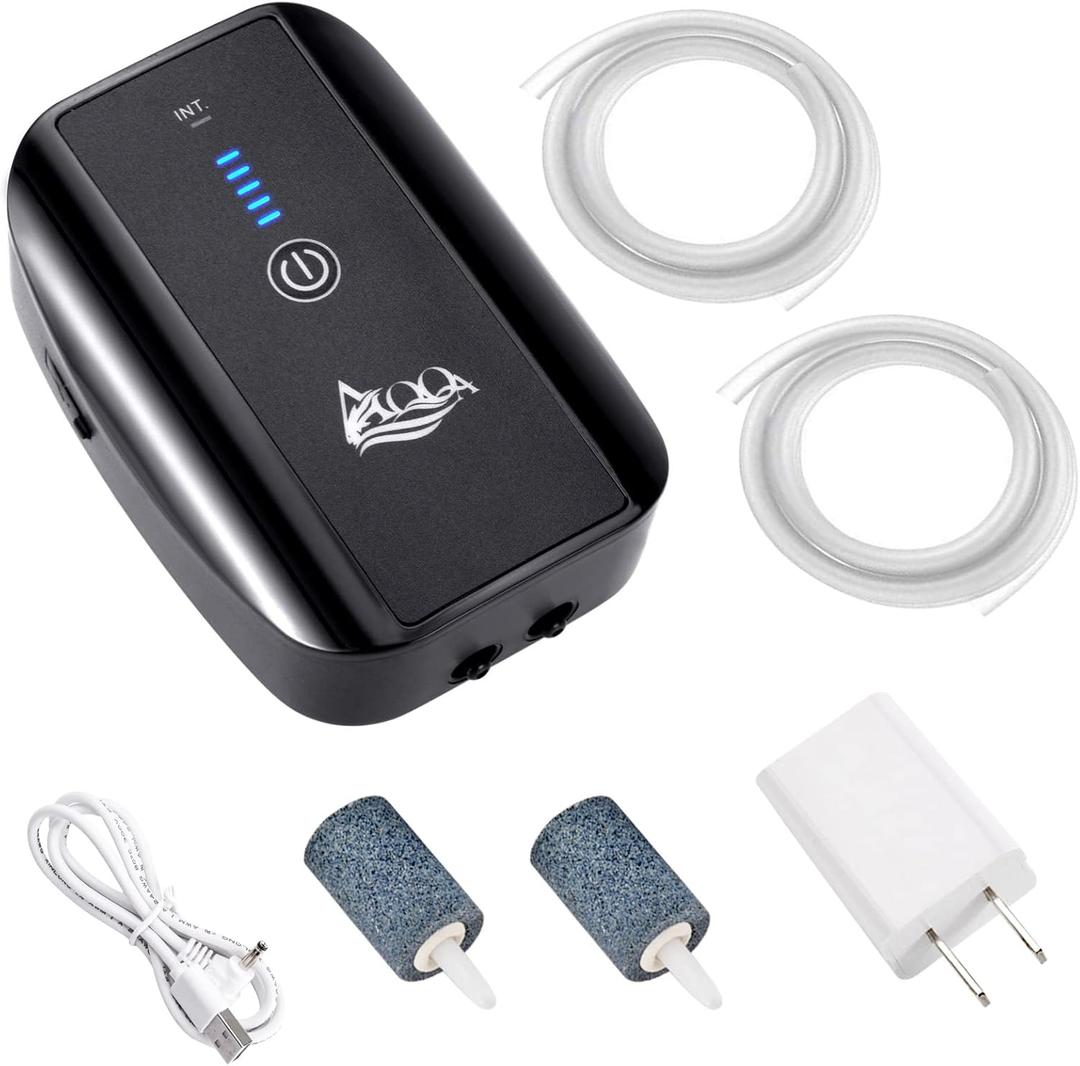 AQQA Aquarium Air Pump Battery Rechargeable Fish Air Pumps Portable Bubbles Oxygen Pump Aquarium Aerator Fresh & Saltwater Aquariums Air Pumps with Air Stone, Tubes, USB Cable (5W for 1-160Gal Tank)