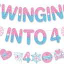 Spider 4th Birthday Decorations Banner - Pre-strung Swinging into 4 Garland with Spider Web and Stars, Pink Blue Ready-to-Hang Party Supplies for Kids Girls 4 Year Old Birthday