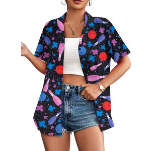 Bowling Shirts Women Hawaiian Bowling Shirt Bowling Lover Gift Tops Bowler Button Down Short Sleeve Tee (X-Large)