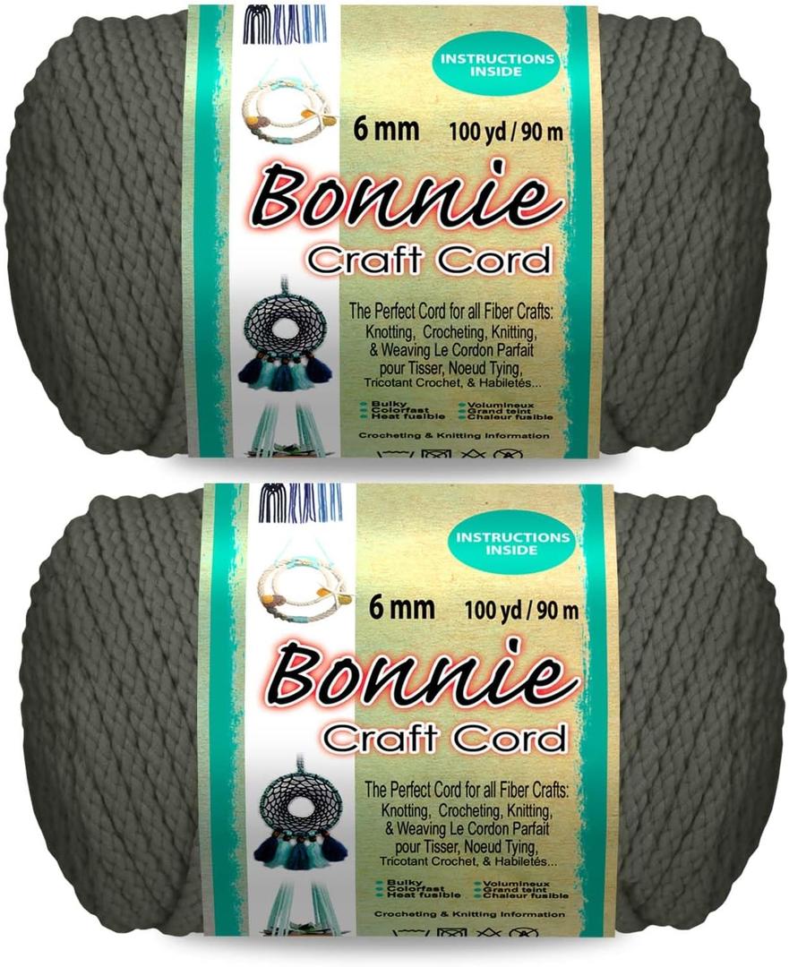 Pepperell Bonnie Braid Macrame Cord | 6mm x 100yd | Smoke Gray (Value 2-Pack) | Twisted Polypropylene Cord for DIY Crafts, Plant Hangers, Wall Hangings, Crochet & Macrame | Long-Lasting, Vibrant Color