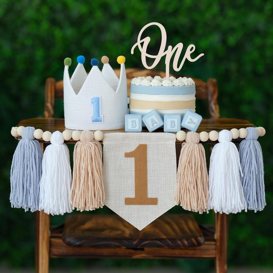 DCJHFJ Baby Boy First Birthday Party Decorations for Blue High Chair Banner with One Cake Topper Crown Hat