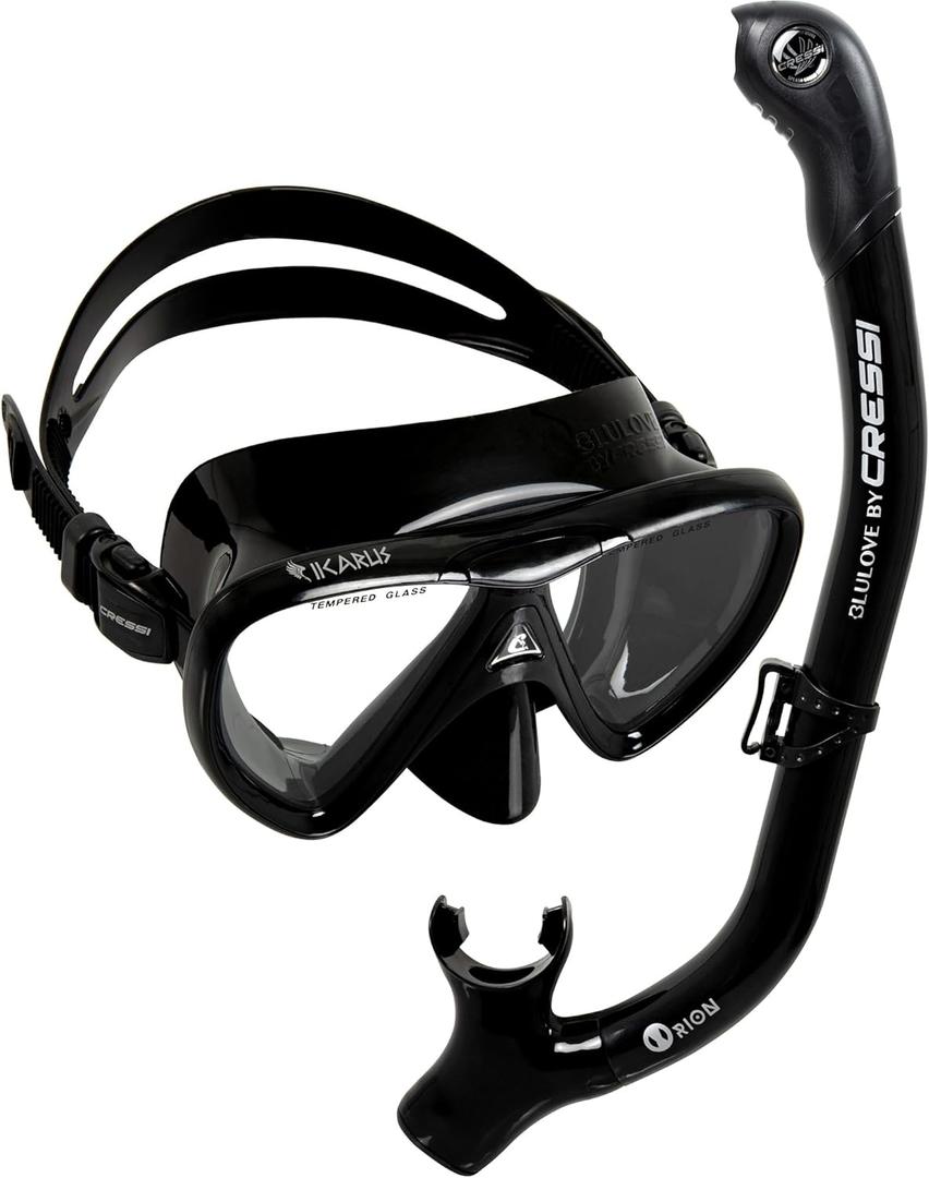 Cressi Adult Snorkeling Kit, Mask & Snorkel - Quality Equipment for Discovering the Underwater World | Ikarus & Orion: Designed in Italy (Black/Black/Black)