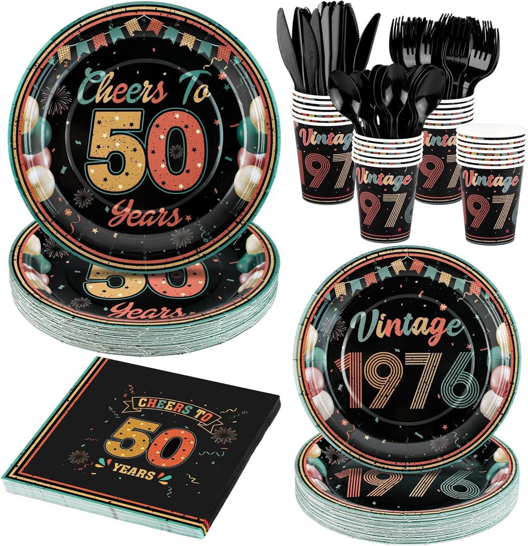 Kochorie 175 Pieces Vintage 50th Birthday Party Supplies Cheers to 50 Years Birthday Party Table Decoration Back in 1976 Tableware Set 7 Inch & 9 Inch Paper Plates Napkins Cups Cutlery Serves 25