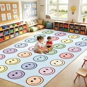 7.6x12 ft Large Smile Face Classroom Rug Happy Face Educational Area Mat Smile Faces Blue & Multicolor Play Carpet Back to School Learning Mat for Preschool Playroom Nursery Kindergarten(Blue)