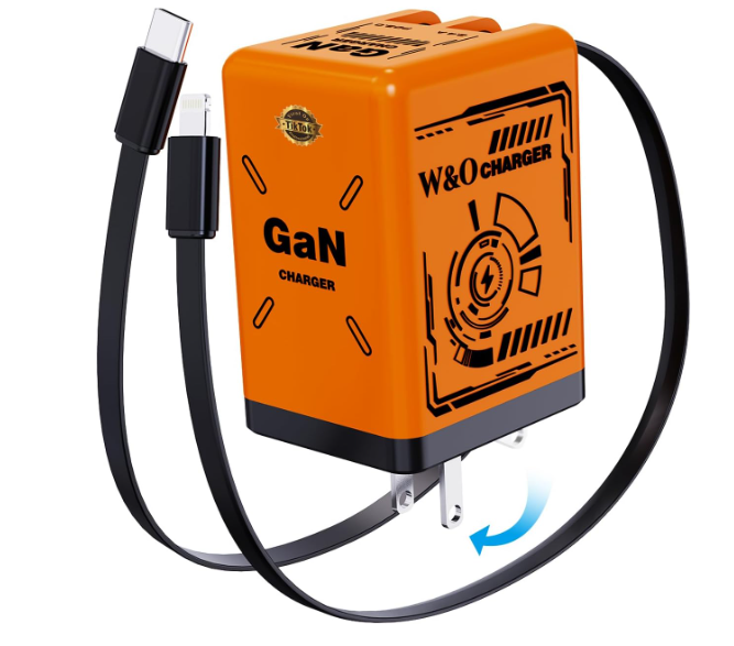 W & O gan Charger Fast Charger,45W Retractable Phone Charger Wall Plug with Lightening and Type-C Cables,for iPhone16/15/14/13/12/11 Series, Galaxy S25 24,Android and More (Orange)