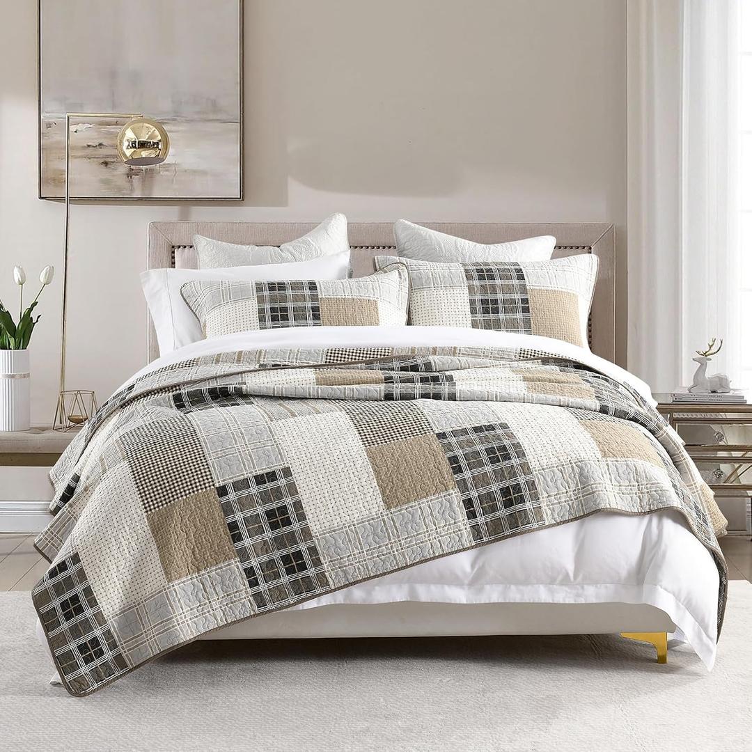 KALOOLA 100% Cotton King Quilt Set, Netural Farmhouse Plaid, Beige/Cream