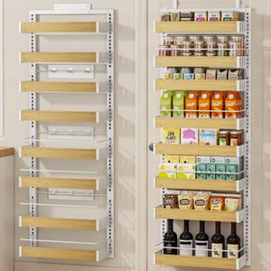 POKIPO 8 Tier Over The Door Pantry Organizer, 2 IN 1 Wall Mount or Hanging Spice Rack Seasoning Shelves with Adjustable Basket, Back of Door Organizer and Storage for Kitchen Cabinet and Room Closet (White)