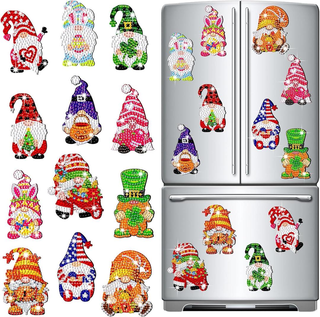 Frienda 12 Pcs Diamond Art Magnets Refrigerator Diamond Painting Magnets Seasonal Gnome Easy Kits Interchangeable for Adults Beginners DIY Gnome Home Decors Gifts Craft