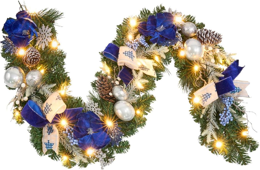 Pre-Lit Christmas Garland with Christmas Tree Icon Ribbon and Magnolia, 25 LED Lights with Timer, 6ft Lighted Silver Blue Garland for Front Door, Mantel, Holiday Decoration, Magnolia Winter Decor