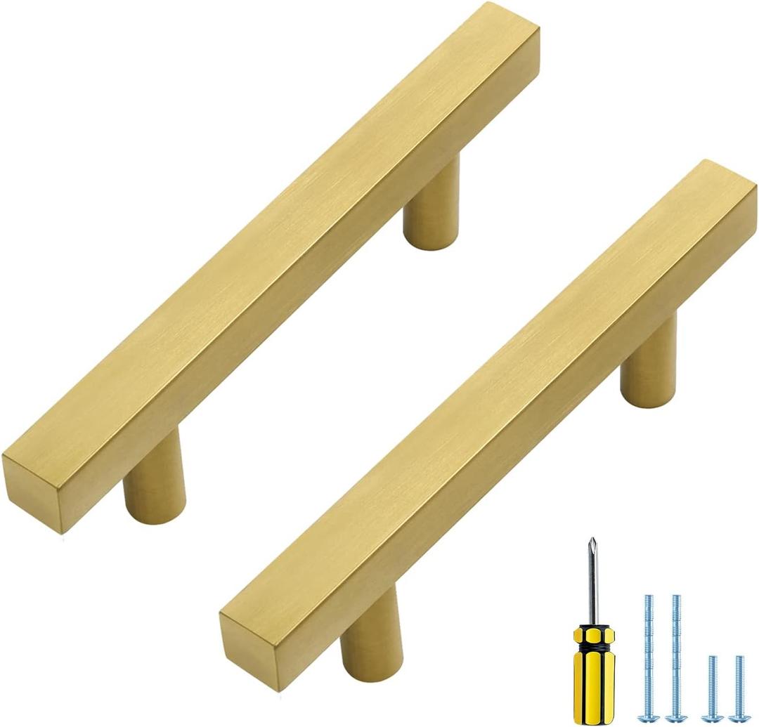 Ravinte 5 Pack Gold Cabinet Handles 3 Inch Brushed Brass Square Cabinet Pulls Gold Hardware for Kitchen Cabinets - 5 Inch Total Length