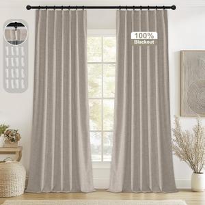 StangH Full Blackout Pinch Pleated Curtains for Bedroom, Beige Linen Curtains 84 inch Length 2 Panels Solid Energy Efficient Thermal Window Drapes for Sliding Door Track System, W40 x L84