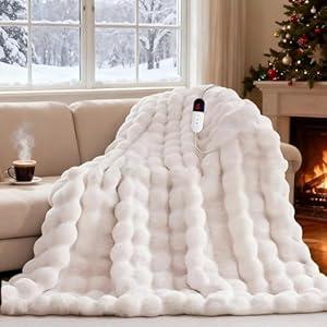 AEPINBH Heated Blanket Throw with 6 Fast Heating Levels, 4 Hours Auto-Off, 50x60 Cozy Faux Rabbit Fur Bubble Washable Electric Blanket with Overheating Protection, ETL Certification（Cream）