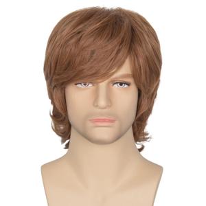 Miss U Hair Shaggy Wig Men Short Wavy Brown Wig Halloween Cosplay 60s 70s Male Rocker Costume Hair (2 Piece Set)