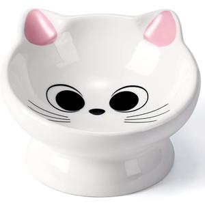 Raised Cat Food Bowl Ceramic 15 Tilted Cat Food Bowls Protect Cat's Spine Anti Vomiting Backflow Prevention Bowls for Adult Kitty, Kitten, and Small Dogs, Pink