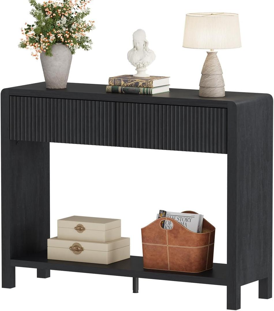 FATORRI Console Entryway Table, Modern Sofa Table with 2 Drawers for Living Room, 39.37 inch Narrow Wood Hallway Tables and Couch Tables Behind Sofa for Small Space (Black), 39.37 x 11.81 x 30.12 Inch