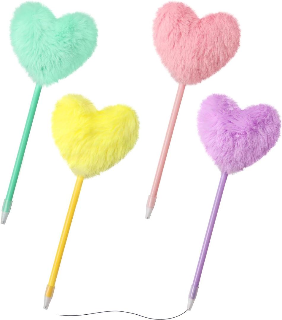 Pom Pom Ballpoint Pen 4 Pack Heart Shape Puffy Pens Fluffy Pen for Girls Colorful Fuzzy Pens Ballpoint Pens for Office and Party Supplies
