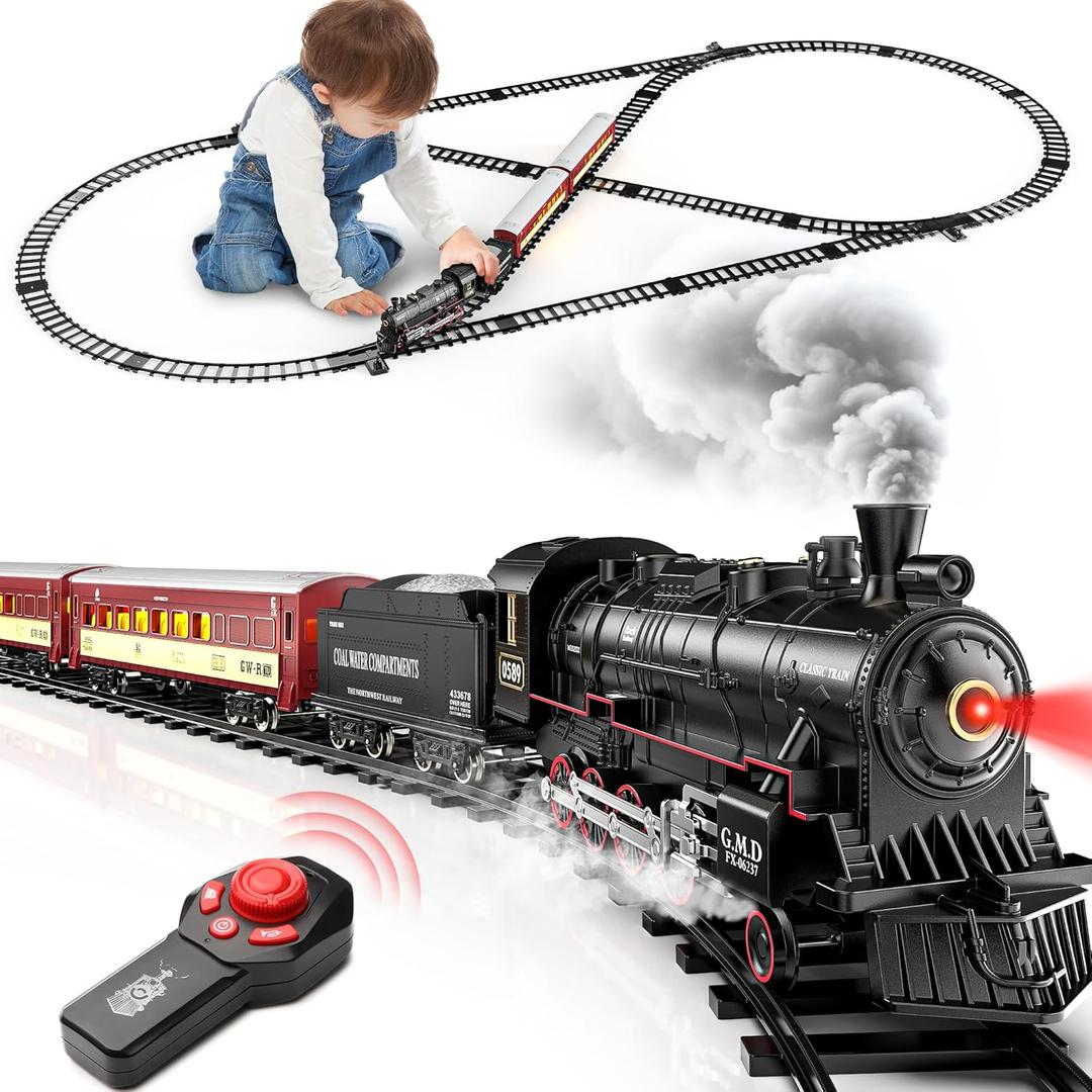 Hot Bee Train Set for Boys, Alloy Remote Control Train Sets with Steam Locomotive, Light Up Cars and Tracks, Electric Trains Set Toys for Toddler Kids, Christmas Toys Gifts for 3 4 5 6 7 8+ Year Old (Black)