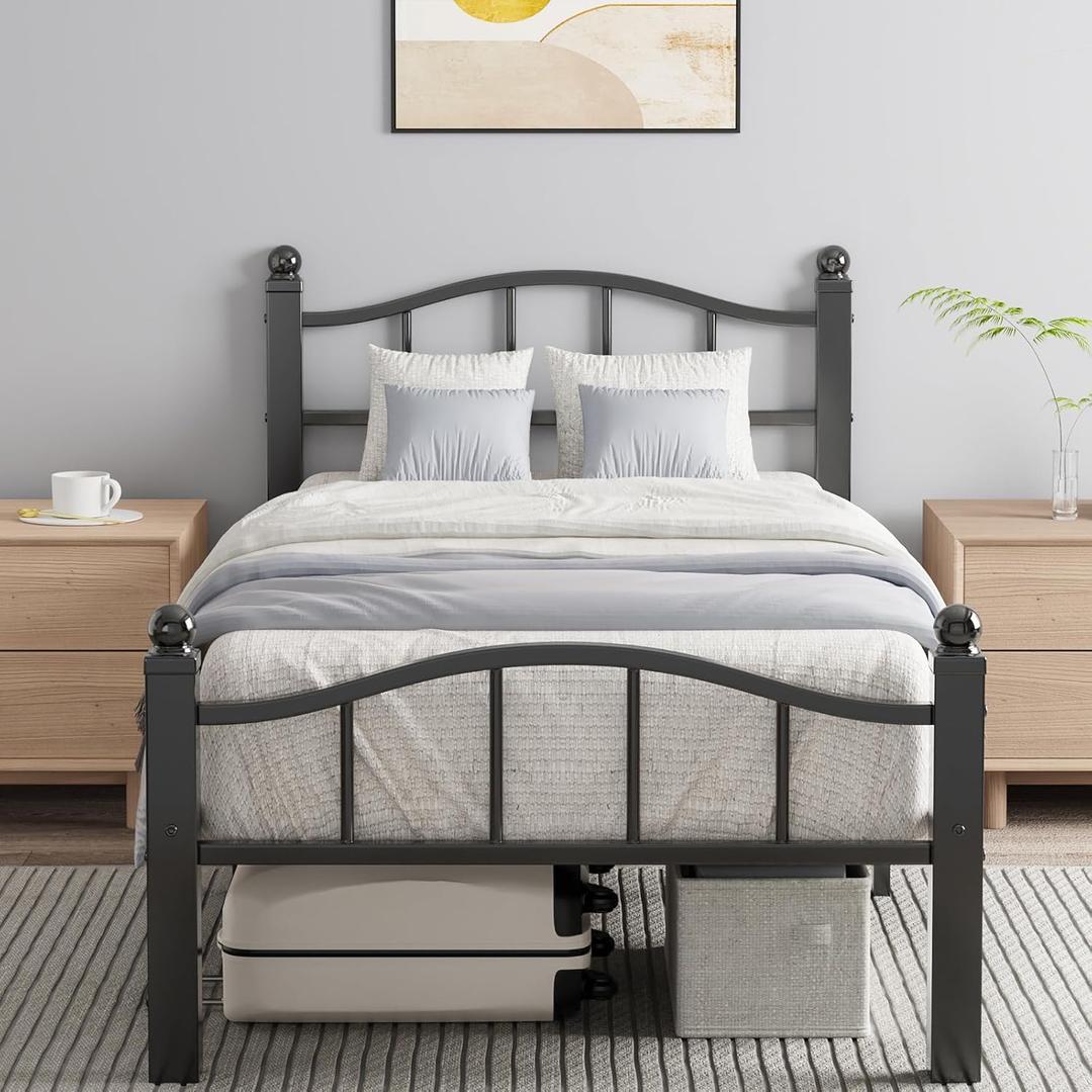 Metal Twin Bed Frames, Noise-Free Design & Underbed Storage Heavy Duty Bed Frames with Headboard No Box Spring Needed/Tool-Free Assembly