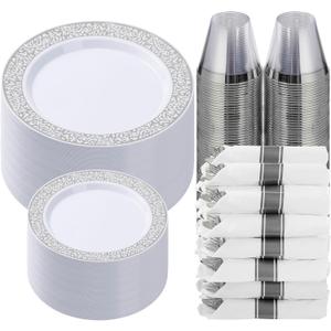 Goodluck 350pc Silver Plastic Dinnerware Set for 50 Guests - Disposable Lace Plates, Napkins, Silverware & Cups