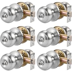 6pcs Door Knob with Lock & Different Keys, 60/70mm Adjustable Latch Exterior Door Lock Set, Silver Door Knobs Interior Locks for Bedrooms Bathroom, Entry Door Locksets