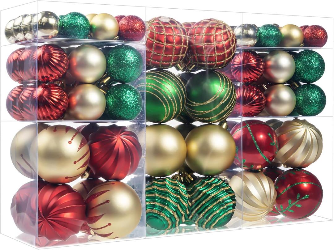 SY CRAFT 86 Pieces of Assorted Shatterproof Christmas Ball Snowflake Ornaments Seasonal Decorative Hanging Ornament Set with Hand-held Gift Package for Xmas Tree Decorations 
(Gold & Red & Green)