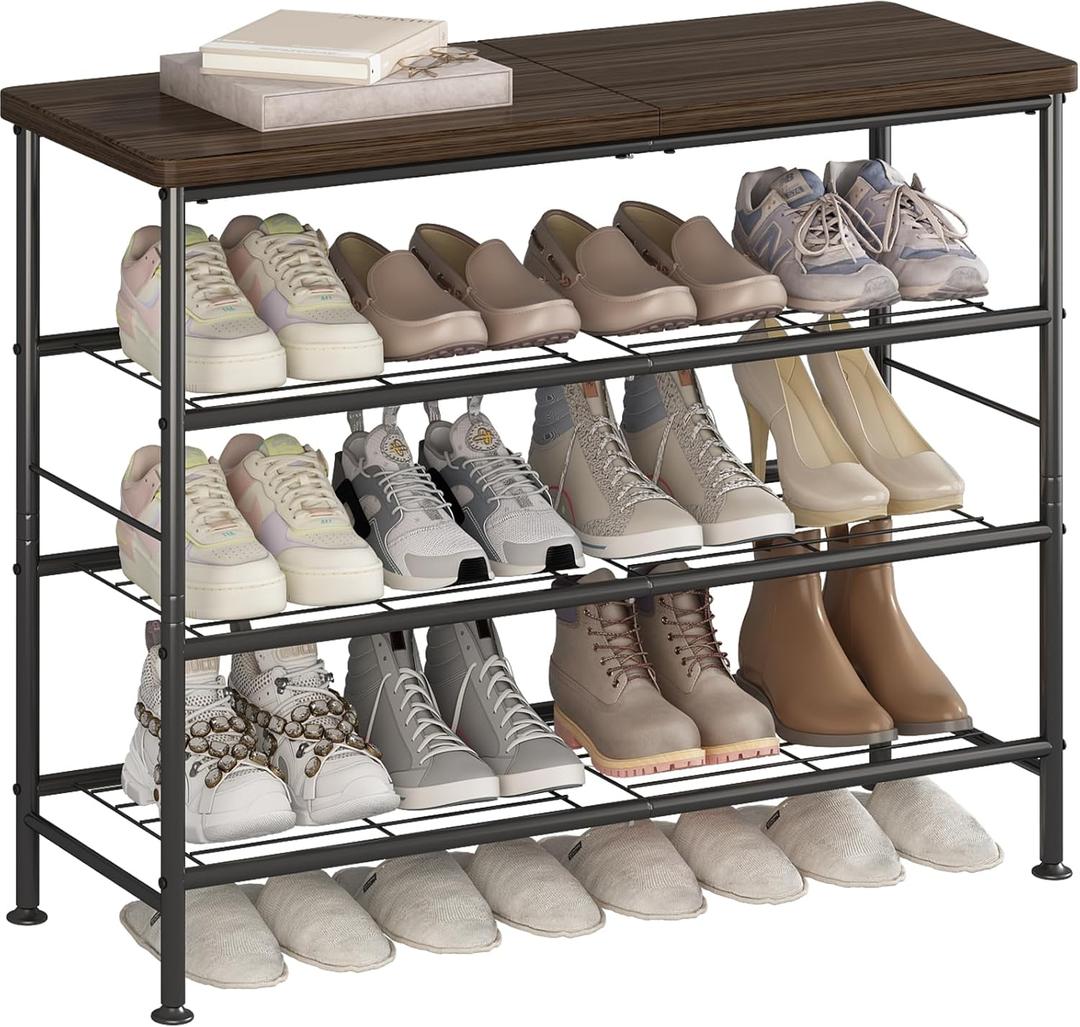 SUOERNUO Shoe Rack Organizer 4 Tier for Closet Entryway Free Standing Metal Storage Shoe Shelf with MDF Top Board (Black+Rustic Brown, Large 4 Tier)