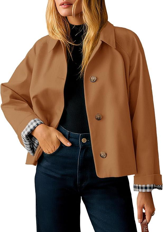 Tankaneo Womens Cropped Trench Coat Lightweight Single Breasted Jacket Fall Windbreaker Fashion Outerwear, Size S