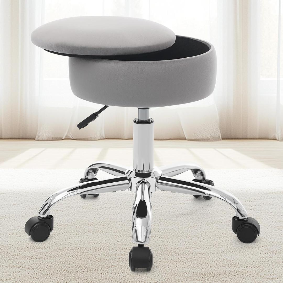 Adjustable Vanity Stool with Storage Rolling Vanity Chair with Wheels Swivel Vanity Stool Chair for Vanity Makeup Stool Grey
