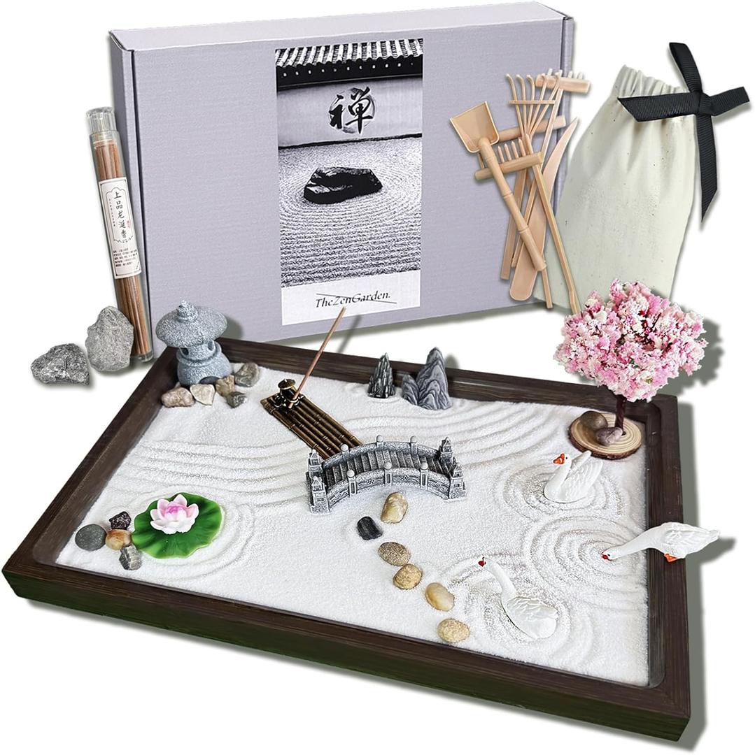 SRAYW Zen Garden Kit for Desk Decor. 11x7.5'' Beautiful Japanese Mini Zen Garden Meditation Gifts Set for Home,Office DeskMeditation Room.6 Tools  18 Accessories. Zen Sand Tray Therapy